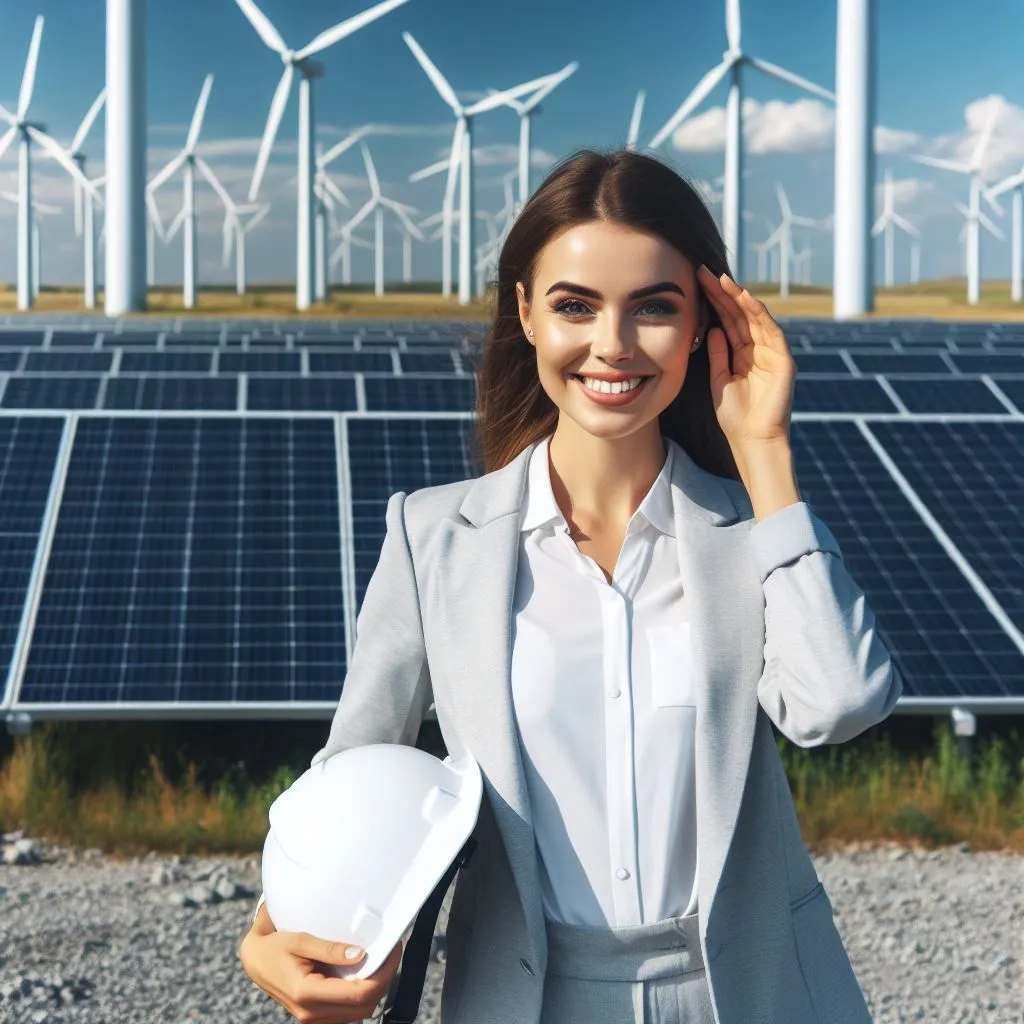 AI generated picture of a woman standing in front of solar panels and windmills